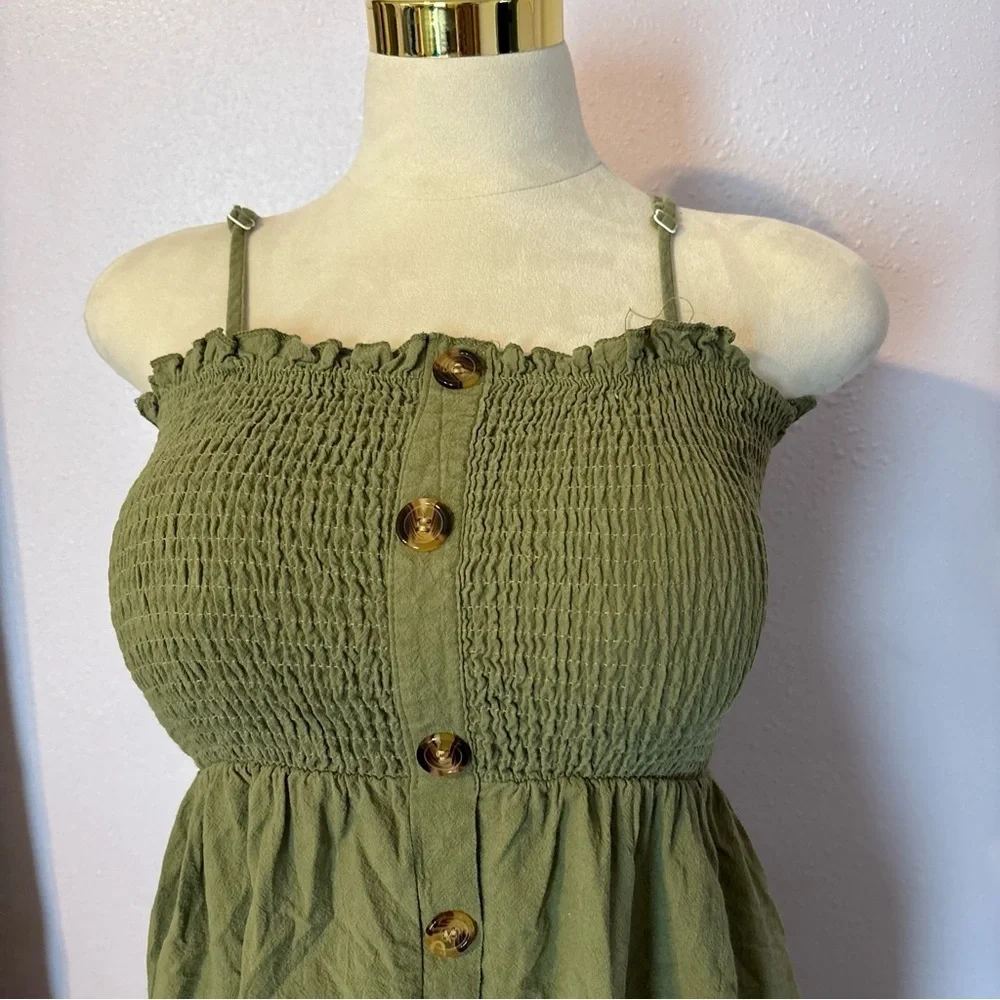 #0016 Elegant Olive‎ Green Smocked Midi Dress - Picture 3 of 4